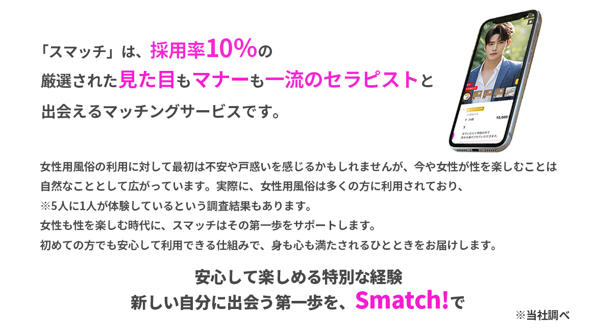 「スマッチ」は、採用率10%の厳選された見た目もマナーも一流のセラピストと出会えるマッチングサービスです。女性用風俗の利用に対して最初は不安や戸惑いを感じるかもしれませんが、今や女性が性を楽しむことは自然なこととして広がっています。実際に、女性用風俗は多くの方に利用されており、5人に1人が体験しているという調査結果もあります。女性も性を楽しむ時代に、スマッチはその第一歩をサポートします。初めての方でも安心して利用できる仕組みで、身も心も満たされるひとときをお届けします。安心して楽しめる特別な経験安心して楽しめる特別な経験新しい自分に出会う第一を、Smatch!で