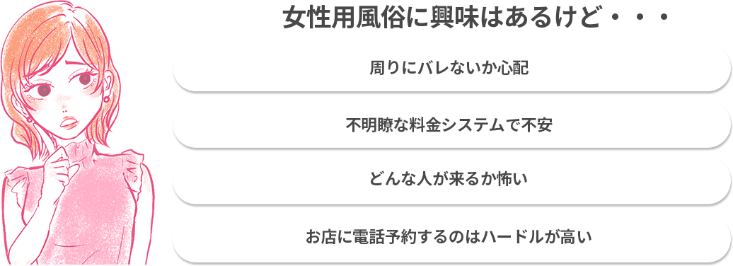 女性用風俗に興味はあるけど自分が利用することが周りにバレないか心配。料金やシステムが不明確に感じて予約に踏み込めない。相手を全くしらないままマッサージを受けるのは怖い。お店に電話して予約するのはハードルが高い。